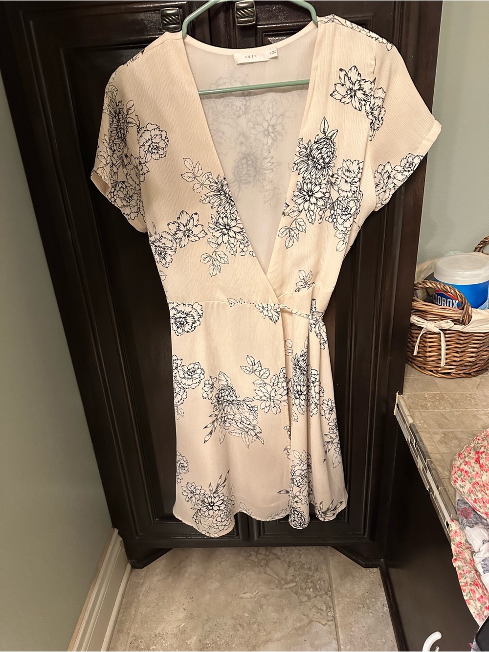 Source Unknown Cream Mini Wrap Dress with Black Floral Print